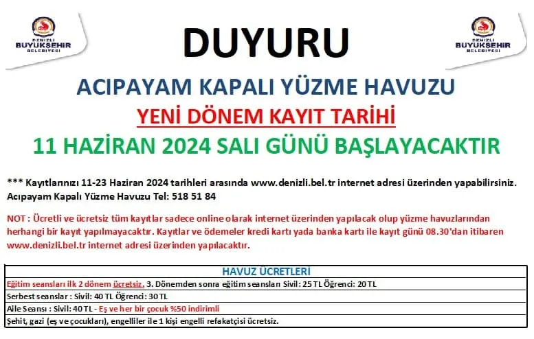 Yüzme Havuzu Kayıtları Başlıyor